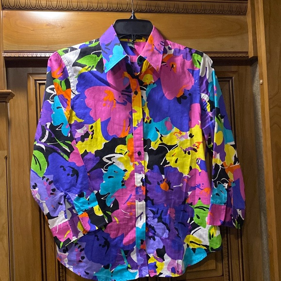 Lauren Ralph Lauren Black Label Mulitcolor Floral Blouse Size Small Petite - Picture 1 of 6